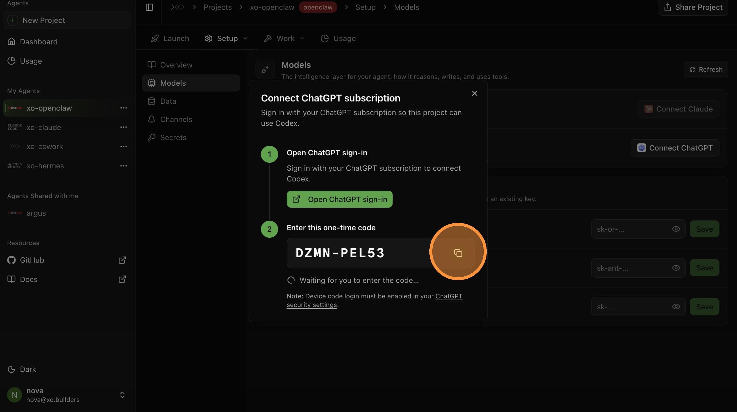 Click Open ChatGPT sign-in to get a code