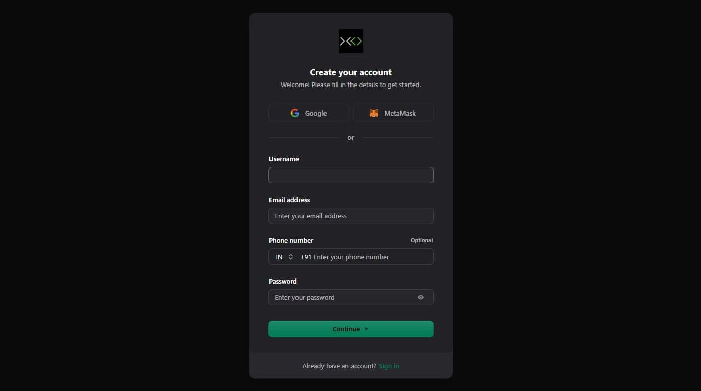 XO sign-up page