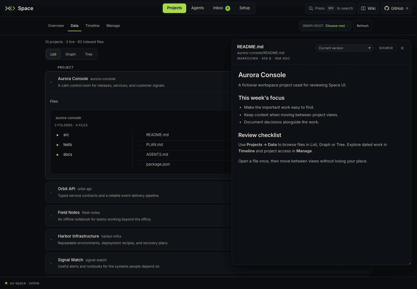 File preview with a Git version selector and Source control