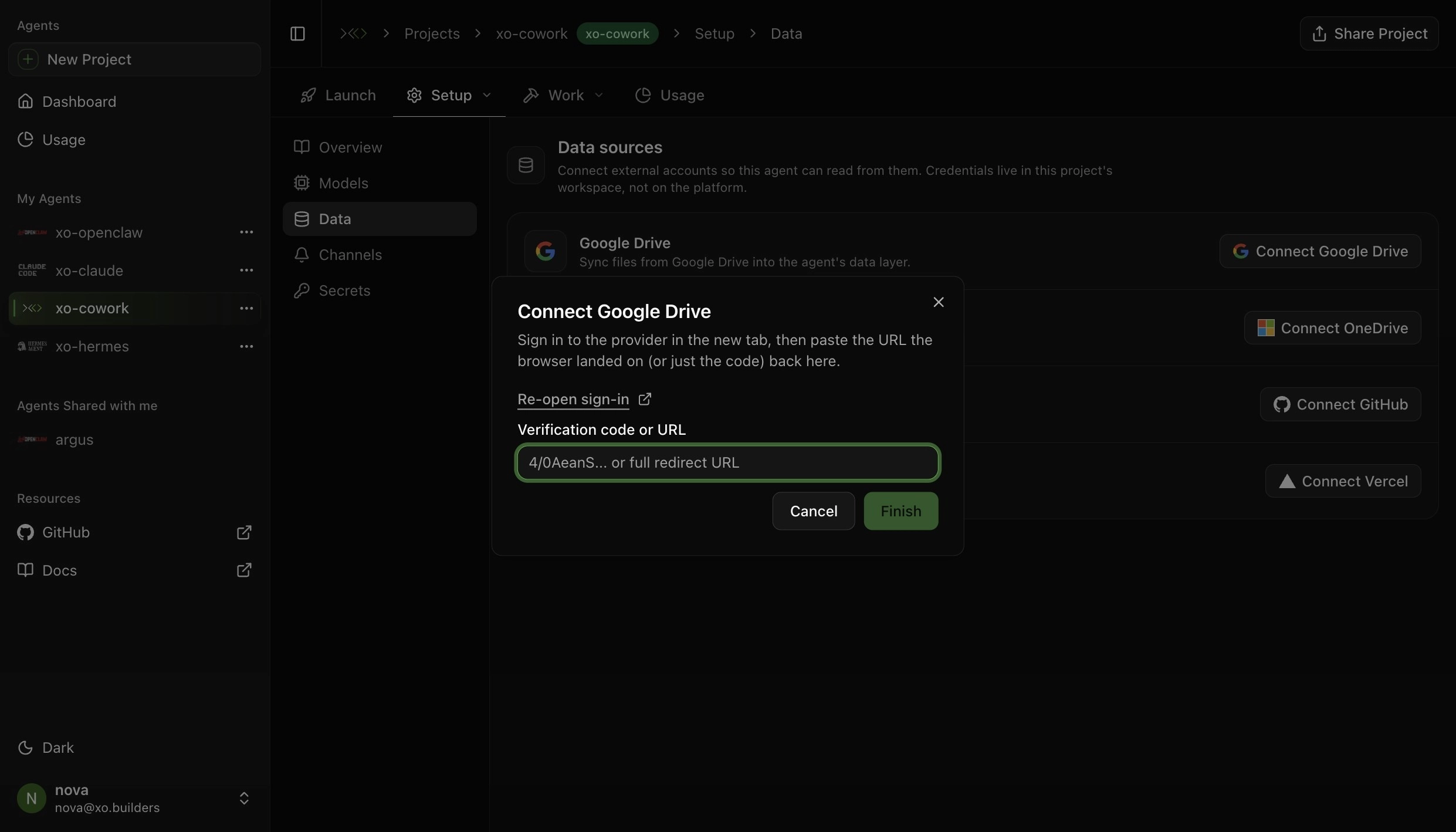 Paste the verification code and click Finish