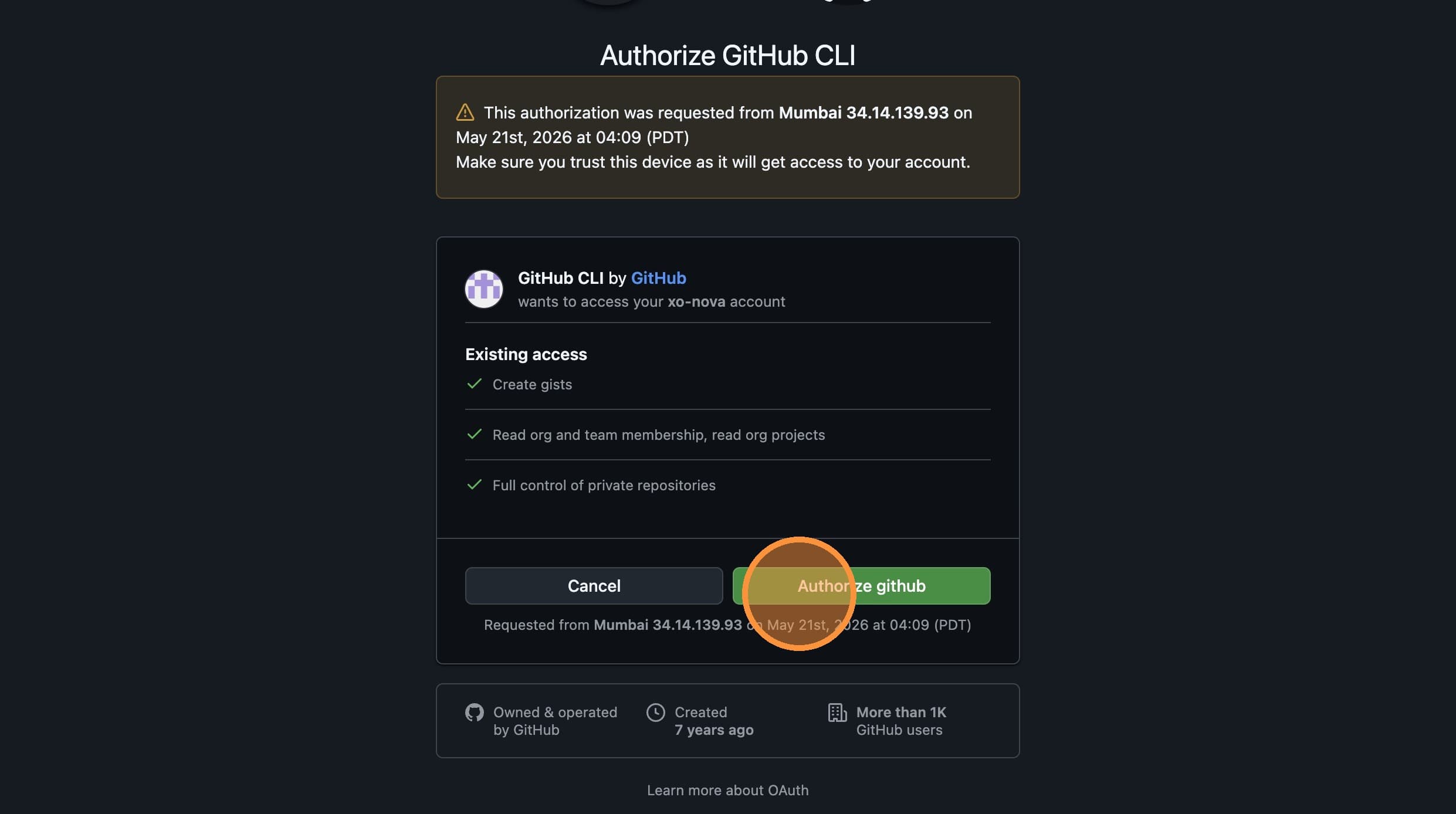 Click Authorize github