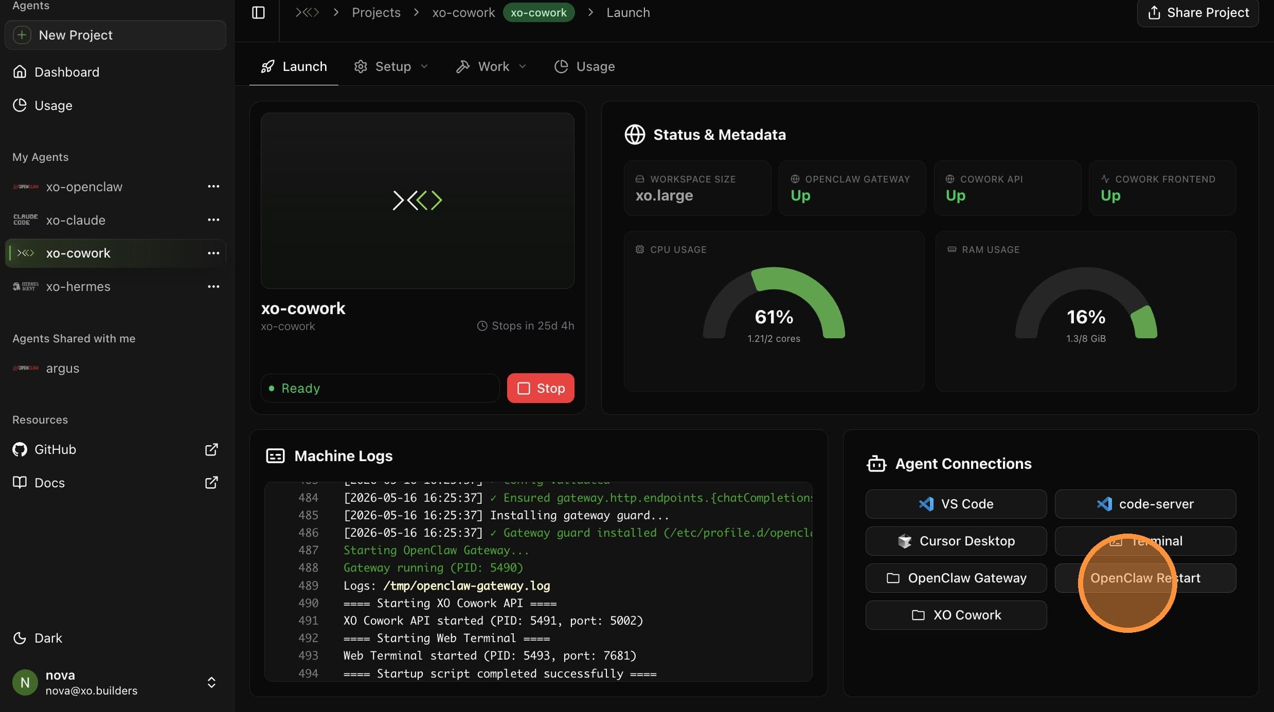 Click OpenClaw Restart