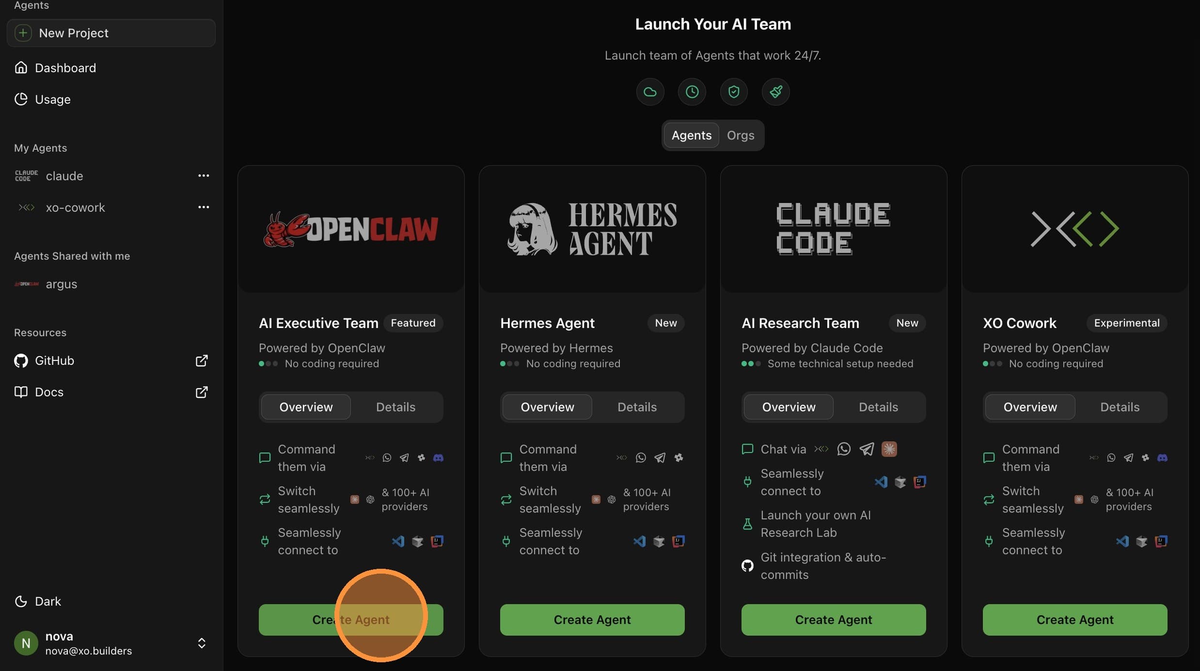 Select OpenClaw and click Create Agent