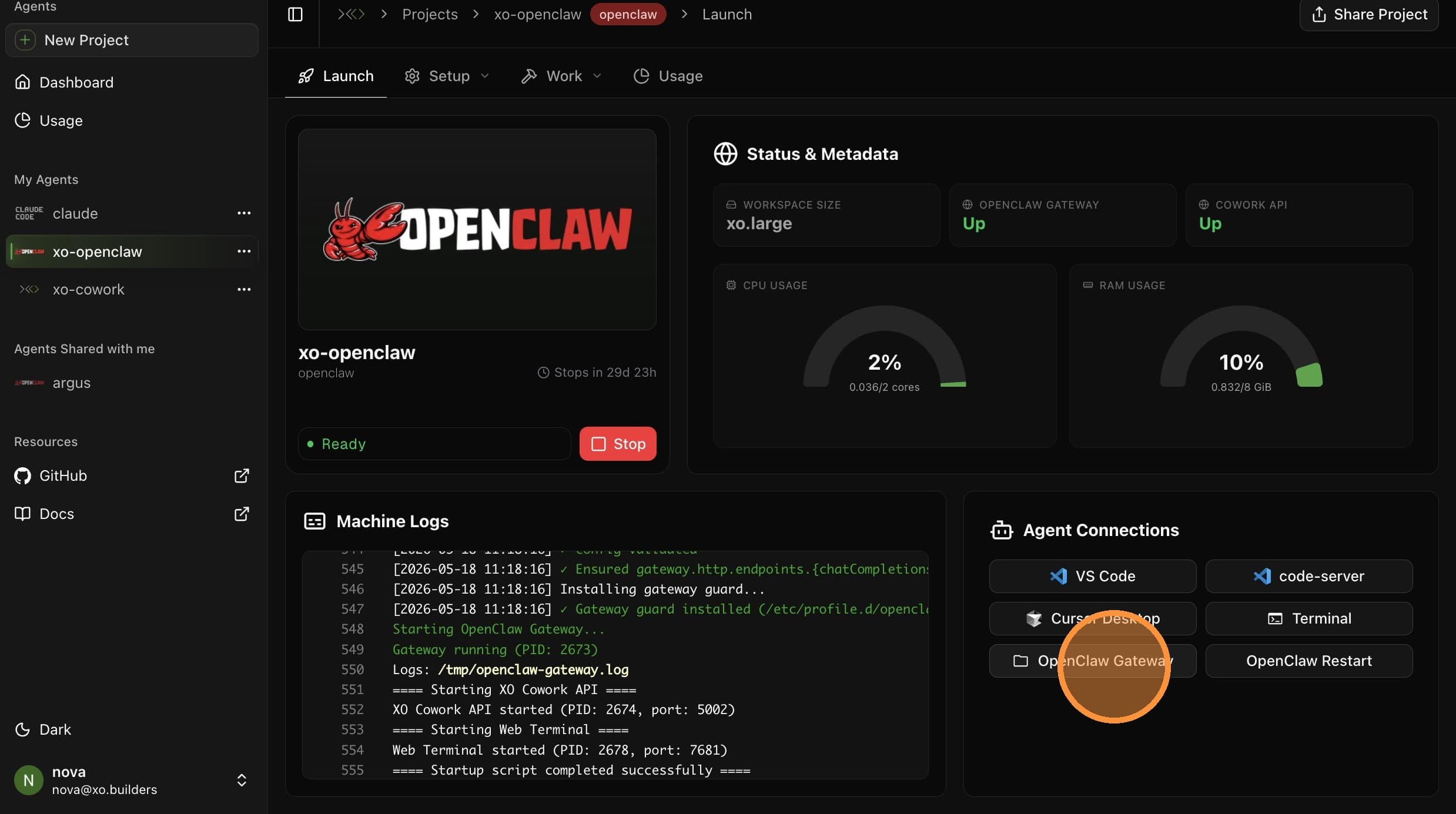 Click OpenClaw Gateway in the Launch tab