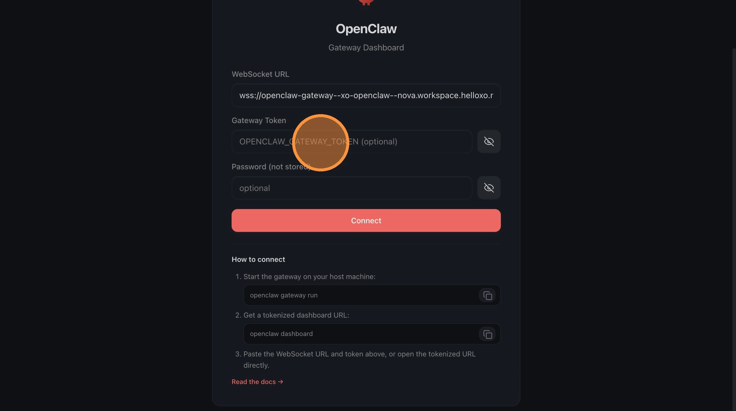 Enter Gateway Token and click Connect