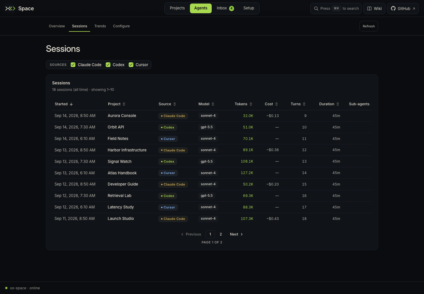 Agents Sessions table with sortable columns and pagination