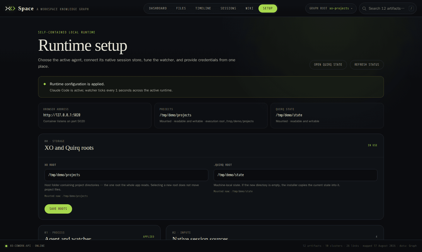 The Setup tab: storage roots, runtime, credentials and update state