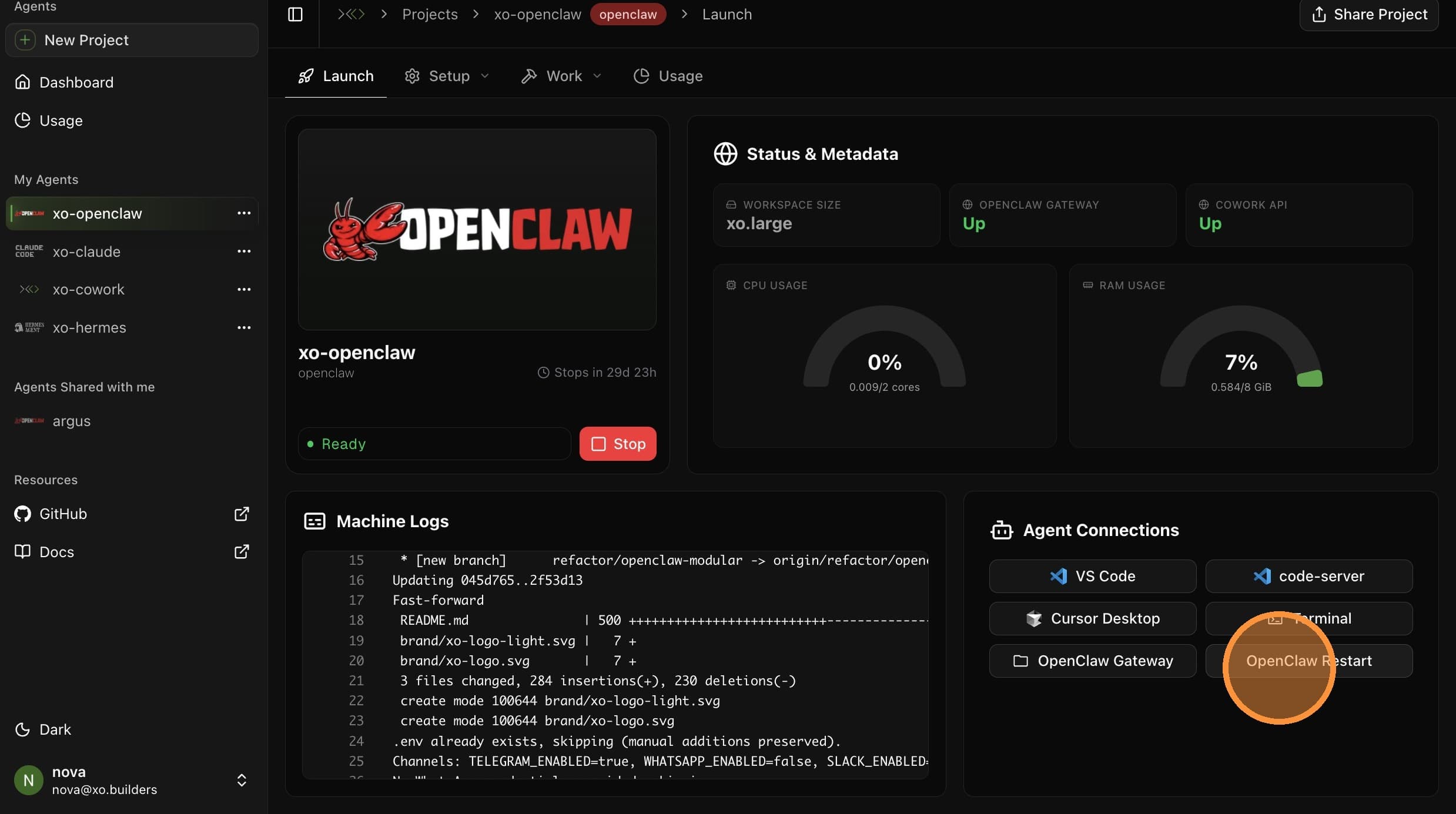 Click OpenClaw Restart