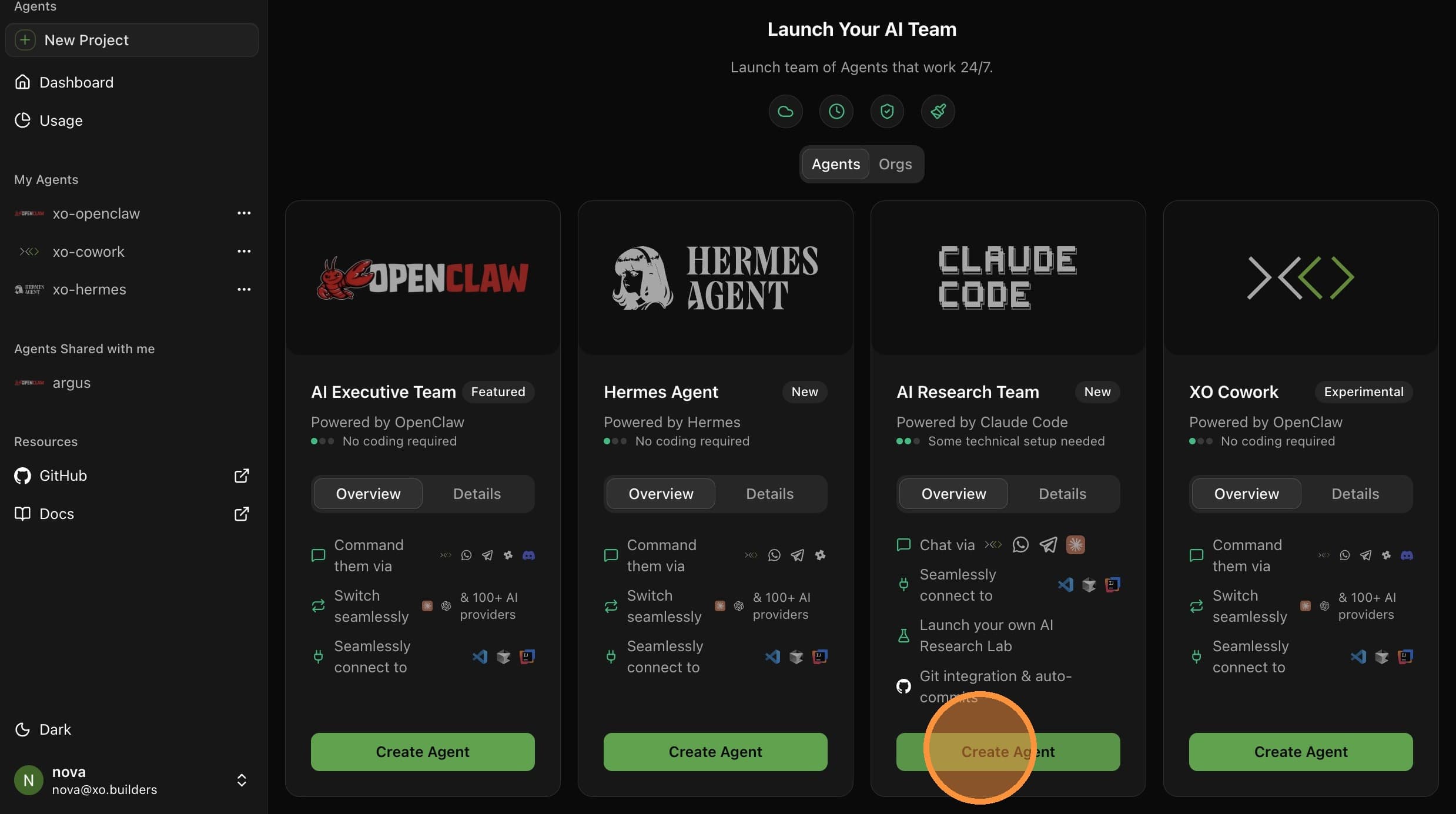Click Create Agent on the Claude Code card