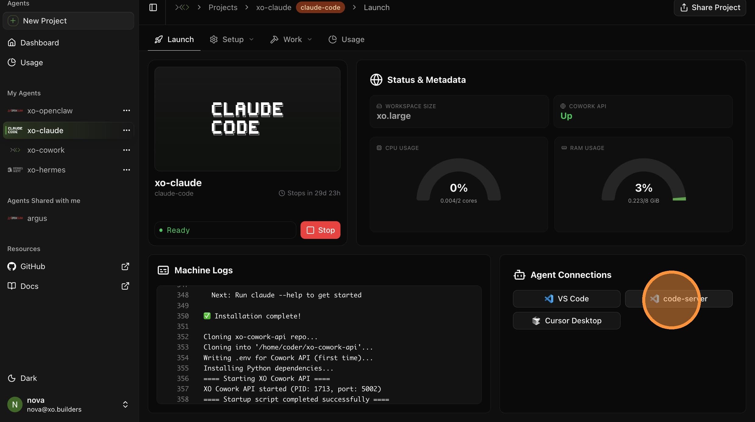 Click code-server under Agent Connections