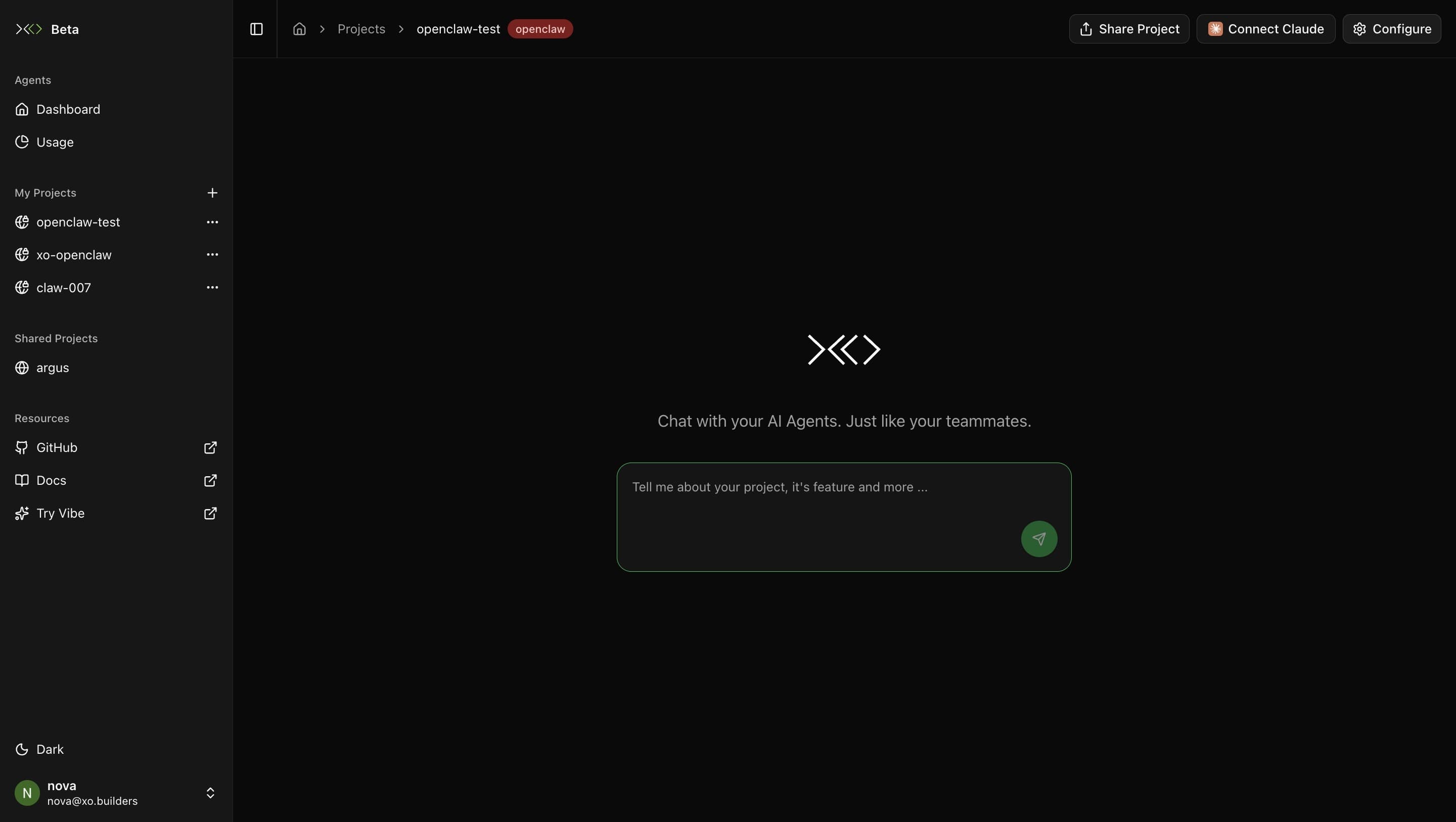 Select your OpenClaw project on the dashboard