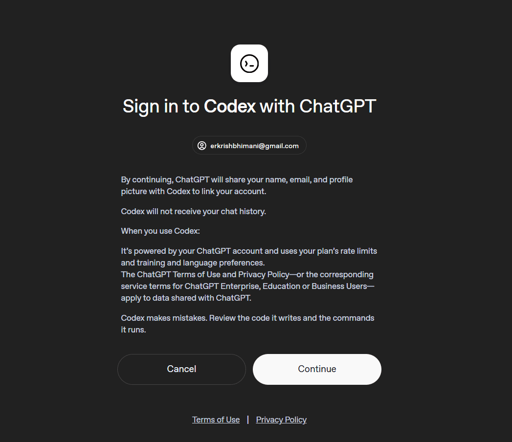 Codex permissions screen — click Continue
