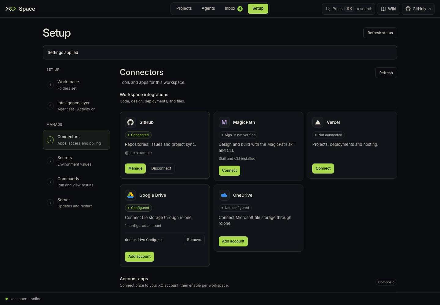 Setup Connectors with workspace integrations and account apps