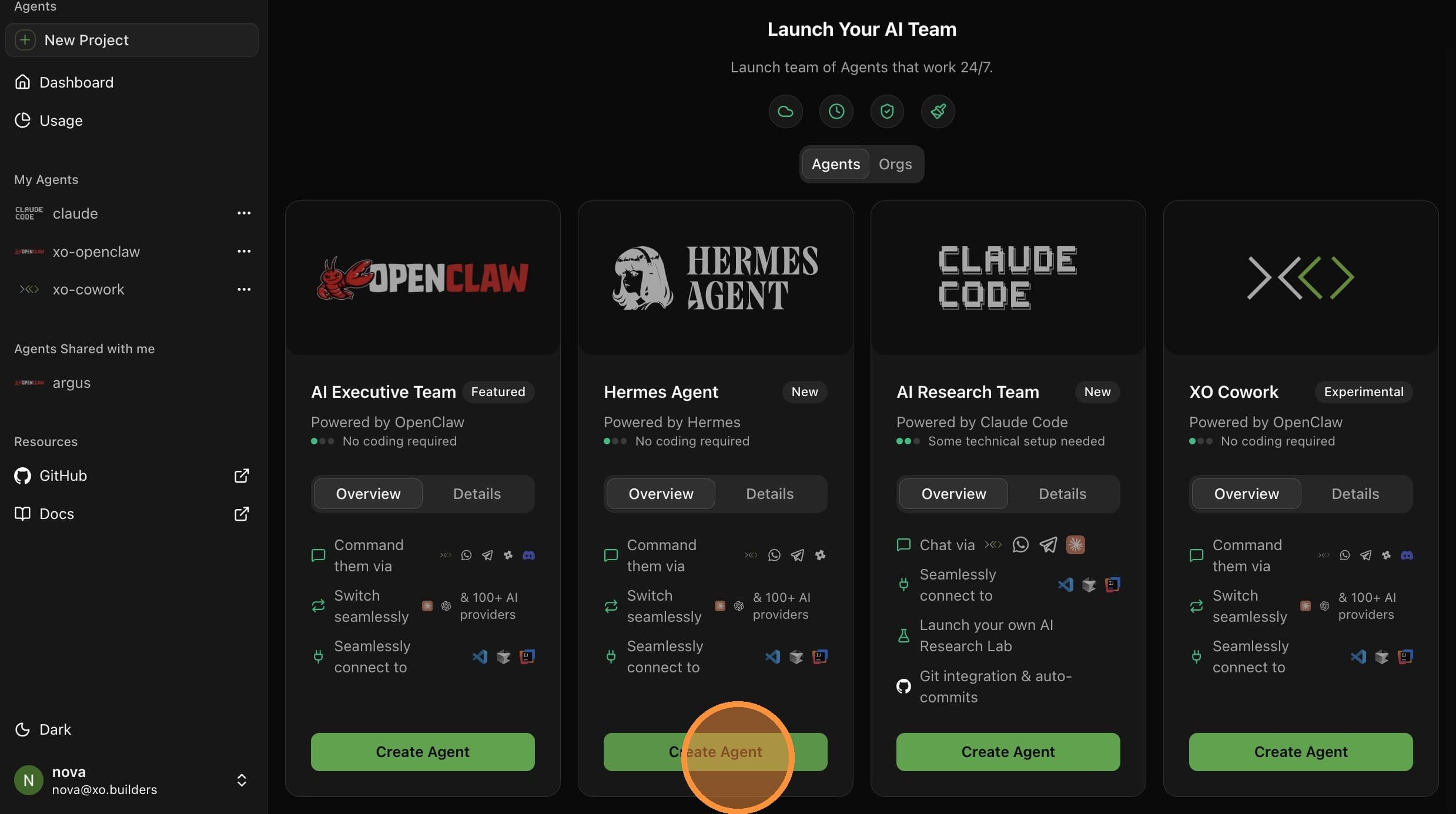 Click Create Agent on the Hermes Agent card