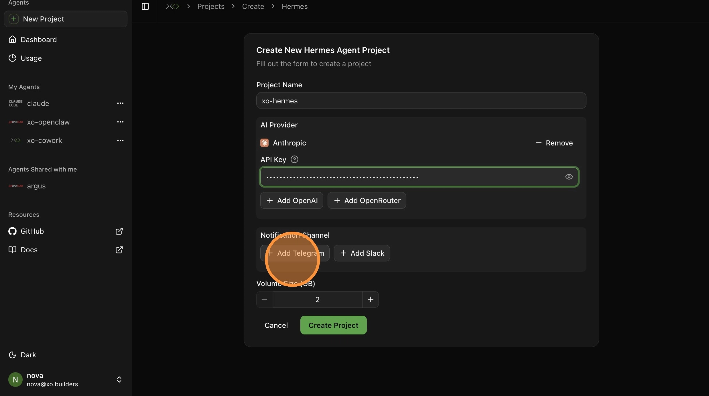 Add Telegram and enter Bot Token