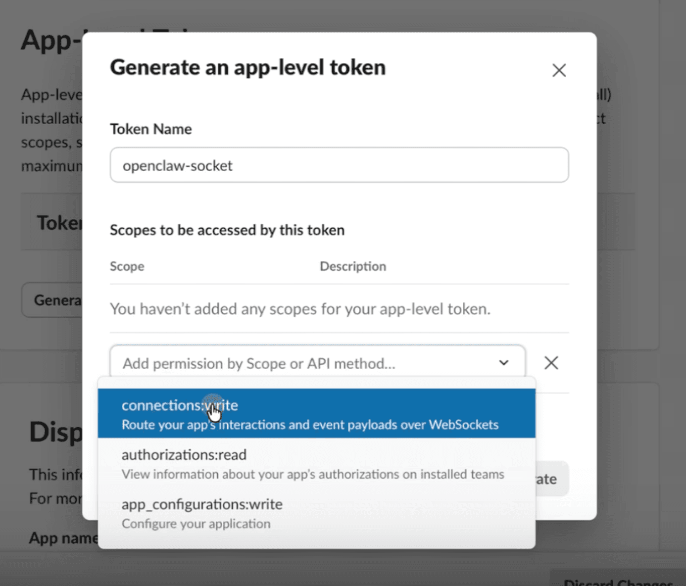 Select connections:write scope