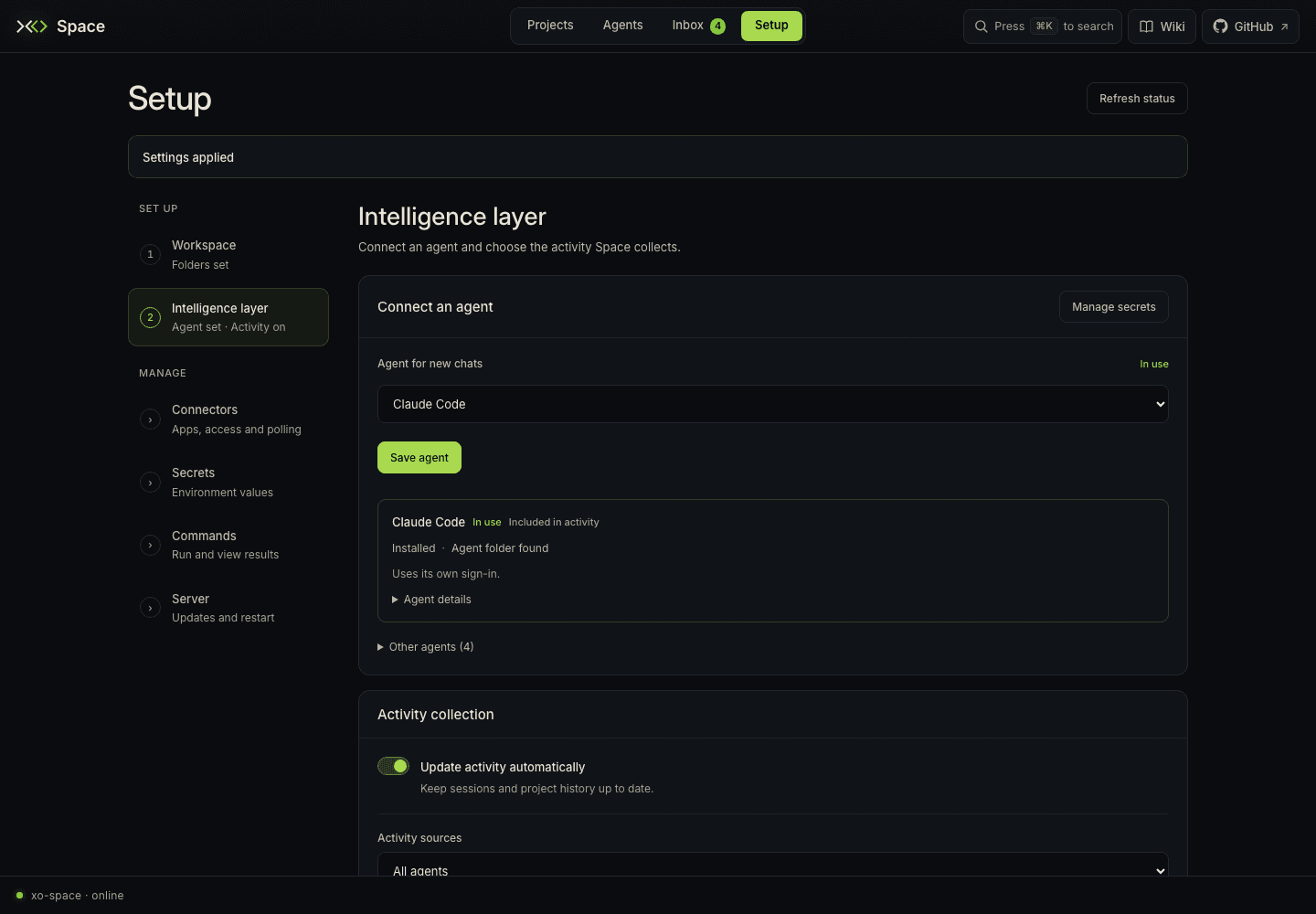 Setup reports the active runtime and available native session sources