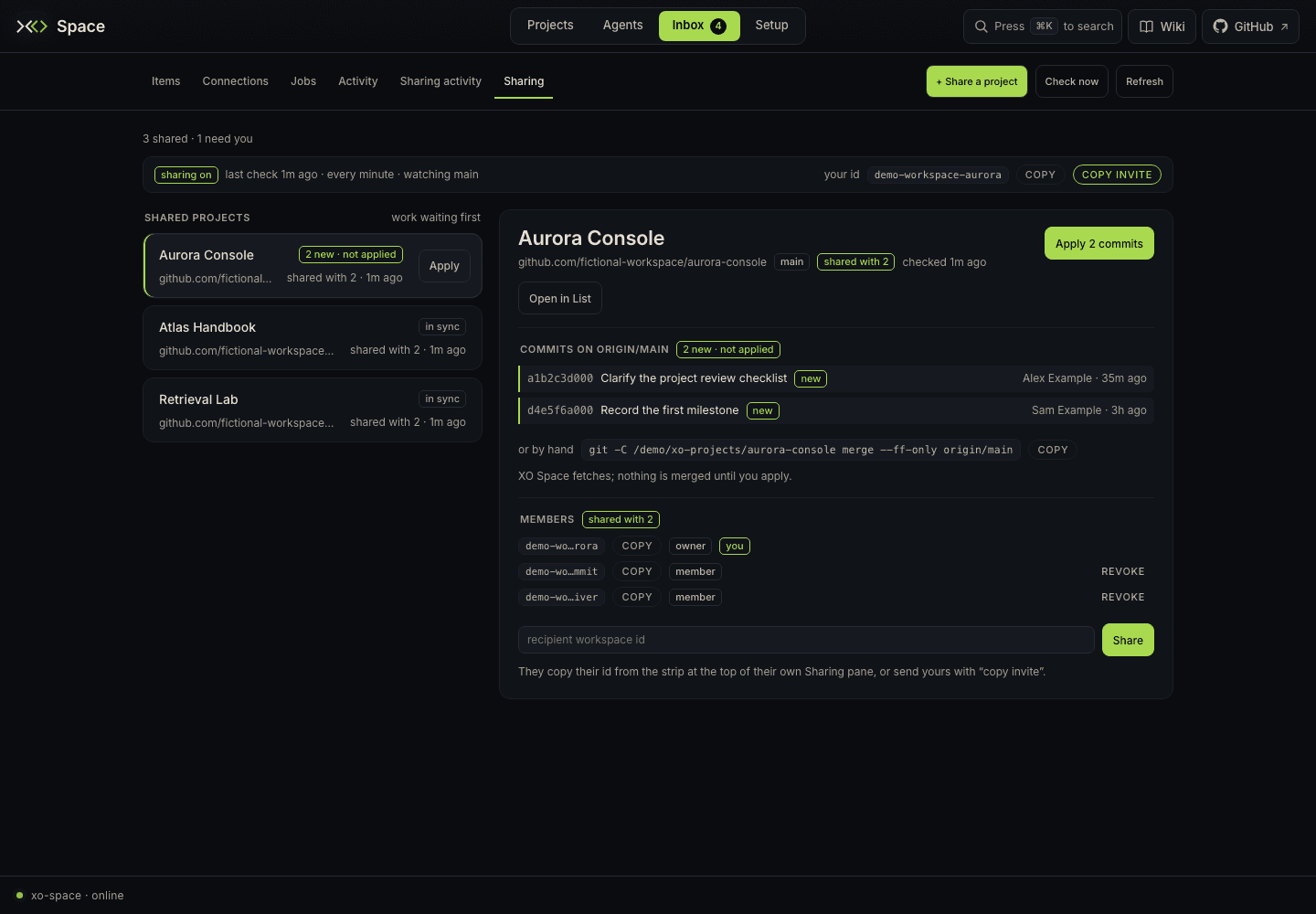 Sharing lens with project status, commit details, and member controls