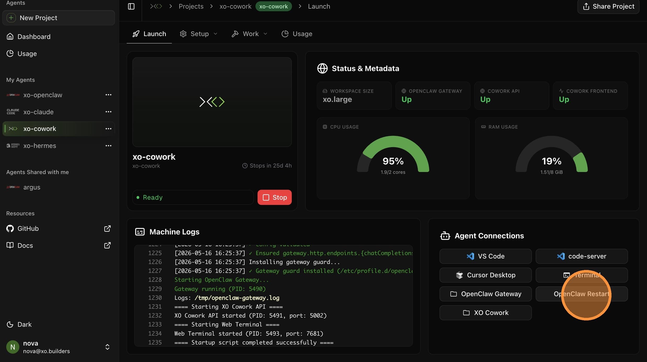 Click OpenClaw Restart