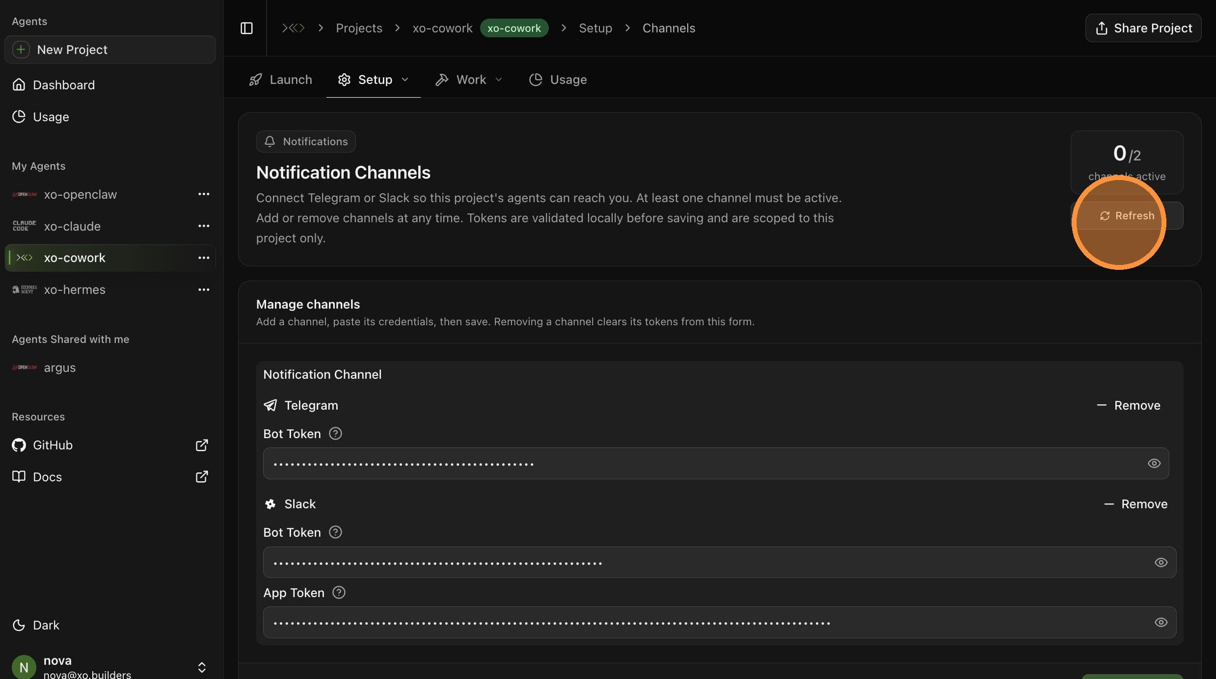 0/2 channels active — click Refresh